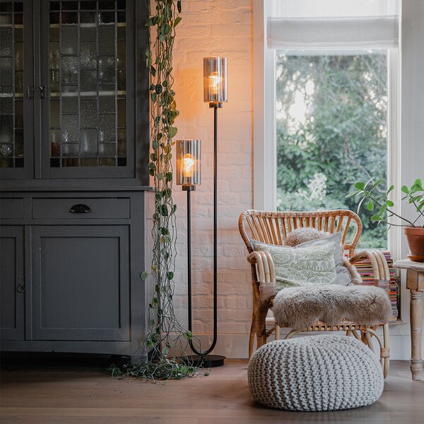 Lampada da terra Art Déco nera con vetro fumé 2 luci - Laura