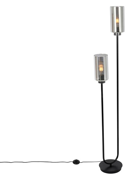 Lampada da terra Art Déco nera con vetro fumé 2 luci - Laura