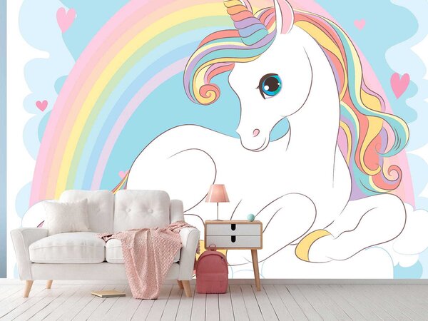 Carta da parati Unicorno seduto su una nuvola con arcobaleno e cuori, Carta da parati per Bambini, Carta da parati popolare, u10971 - Tapeko.it