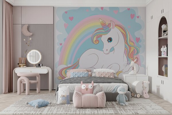 Carta da parati Unicorno seduto su una nuvola con arcobaleno e cuori, Carta da parati per Bambini, Carta da parati popolare, u10971 - Tapeko.it