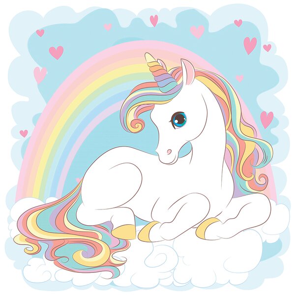Carta da parati Unicorno seduto su una nuvola con arcobaleno e cuori, Carta da parati per Bambini, Carta da parati popolare, u10971 - Tapeko.it