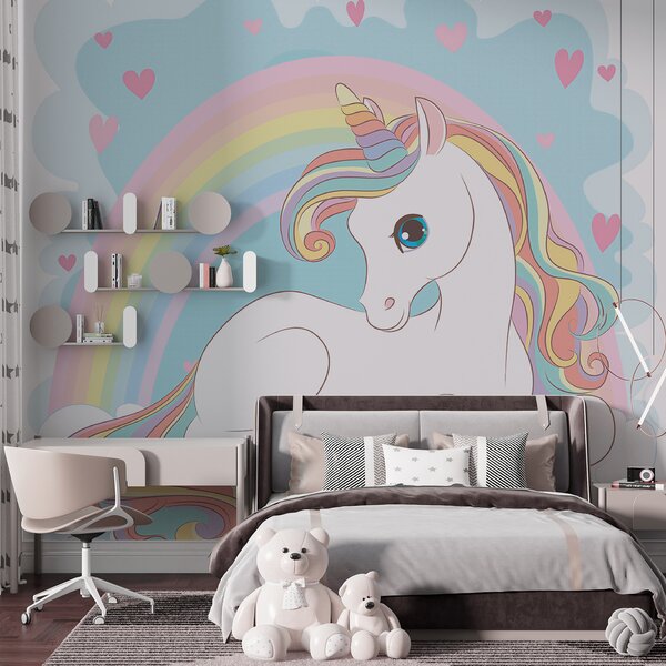 Carta da parati Unicorno seduto su una nuvola con arcobaleno e cuori, Carta da parati per Bambini, Carta da parati popolare, u10971 - Tapeko.it