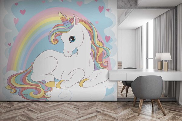 Carta da parati Unicorno seduto su una nuvola con arcobaleno e cuori, Carta da parati per Bambini, Carta da parati popolare, u10971 - Tapeko.it