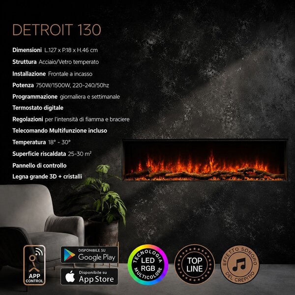 Divina Fire Camino Elettrico da Incasso a Parete Frontale L 150 LED RGB APP DETROIT150 - DFLED150