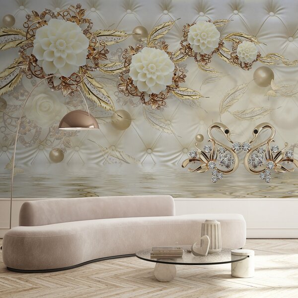 Carta da parati Ramo con fiori e cigni, Carta da parati 3D, Carta da parati Fiori 3D, u12847 : Uwalls.it