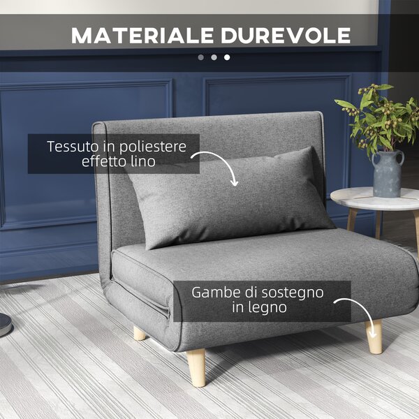 HOMCOM Poltrona Letto 3 in 1 con Schienale Reclinabile su 6 Posizioni in Tessuto, 94x78x80 cm, Grigio | Aosom Italy