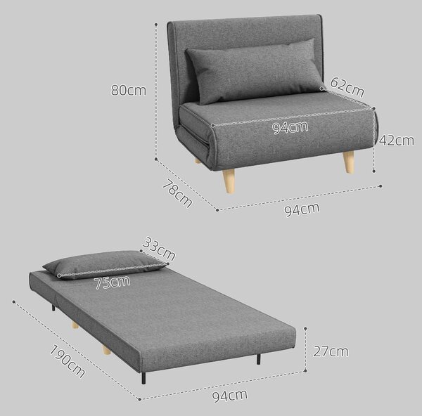 HOMCOM Poltrona Letto 3 in 1 con Schienale Reclinabile su 6 Posizioni in Tessuto, 94x78x80 cm, Grigio | Aosom Italy