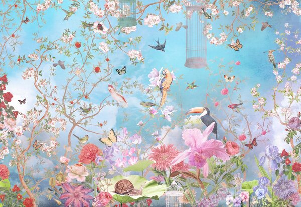 Carta da parati Carta da parati con uccelli e fiori, Carta da parati design, Carta da parati popolare, u18485 - Tapeko.it
