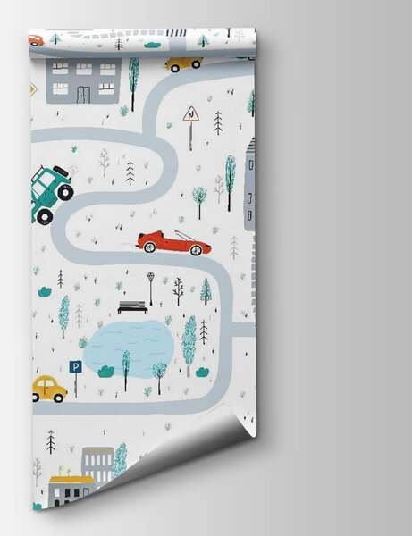 Carta da parati Mappa delle auto e degli edifici, Carta da parati per Bambini, Carta da parati popolare, u19938 - Tapeko.it
