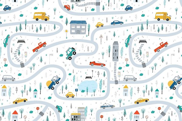 Carta da parati Mappa delle auto e degli edifici, Carta da parati per Bambini, Carta da parati popolare, u19938 - Tapeko.it