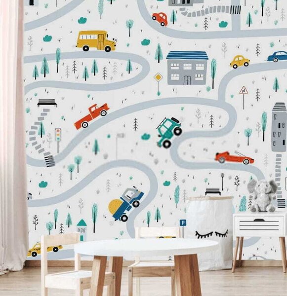 Carta da parati Mappa delle auto e degli edifici, Carta da parati per Bambini, Carta da parati popolare, u19938 - Tapeko.it