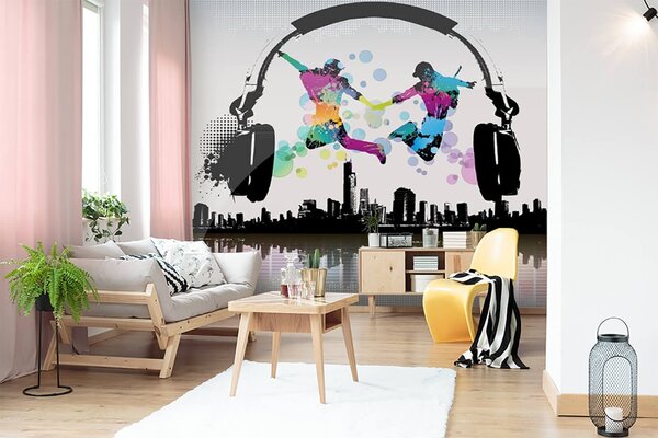 Carta da parati Un paio di persone che saltano in aria con le cuffie, Carta da parati per Ragazzo, Carta da parati popolare, u20051 - Tapeko.it