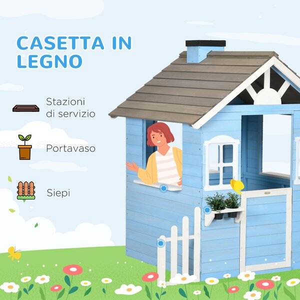 Outsunny Casetta per Bambini in Legno da Esterno, Età 3-7 Anni, 151x112.5x142cm, Blu|Aosom