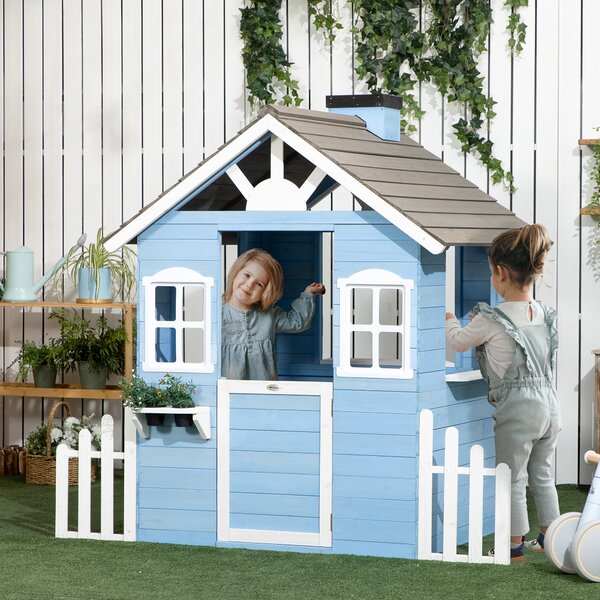 Outsunny Casetta per Bambini in Legno da Esterno, Età 3-7 Anni, 151x112.5x142cm, Blu|Aosom