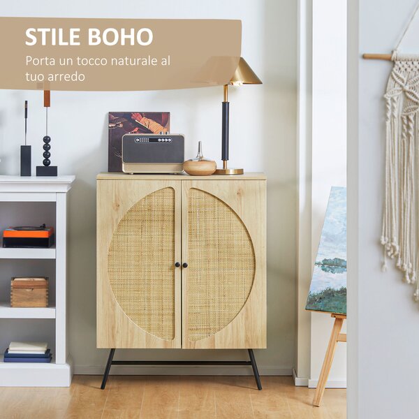 HOMCOM Credenza in Stile Boho con 2 Ante in Legno e Rattan, 80x39x101.8cm Naturale|Aosom