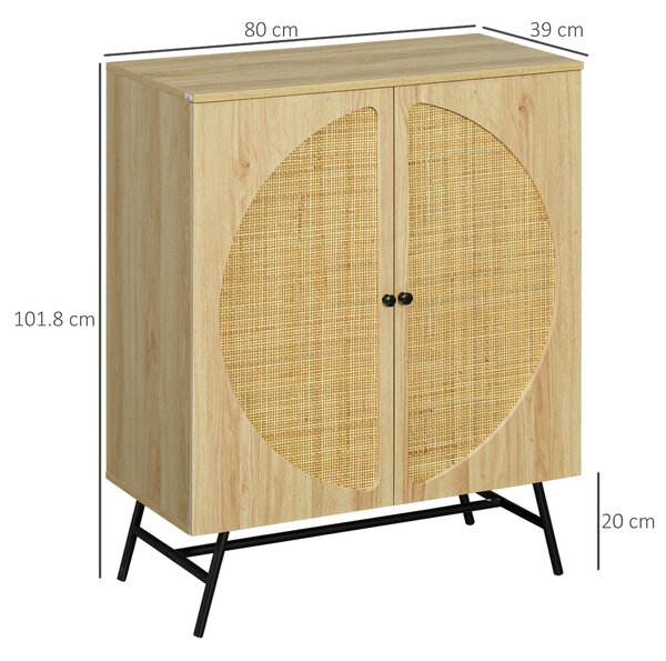 HOMCOM Credenza in Stile Boho con 2 Ante in Legno e Rattan, 80x39x101.8cm Naturale|Aosom