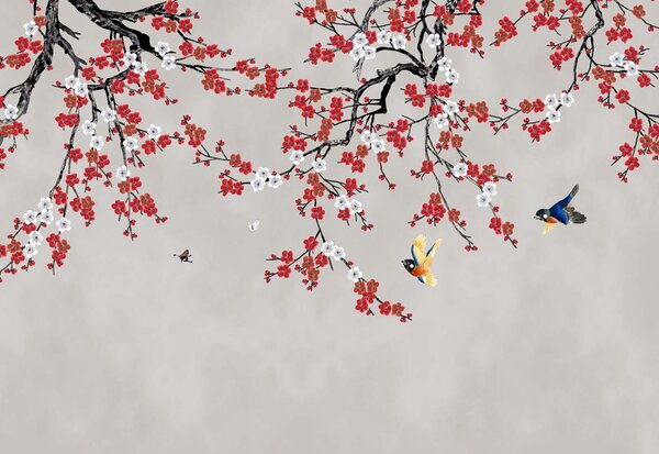 Carta da parati Albero con fiori rossi e bianchi, Carta da parati design, Carta da parati popolare, u21476 - Tapeko.it