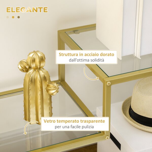 HOMCOM Tavolo Consolle in Acciaio Dorato con 3 Ripiani in Vetro, Piedini Regolabili, per Ingresso, Soggiorno, Salotto, 100x32x76 cm, Oro | Aosom