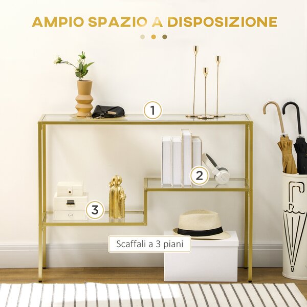 HOMCOM Tavolo Consolle in Acciaio Dorato con 3 Ripiani in Vetro, Piedini Regolabili, per Ingresso, Soggiorno, Salotto, 100x32x76 cm, Oro | Aosom