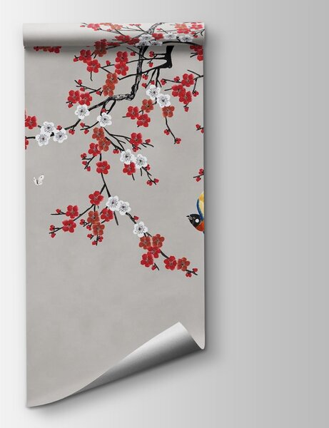 Carta da parati Albero con fiori rossi e bianchi, Carta da parati design, Carta da parati popolare, u21476 - Tapeko.it