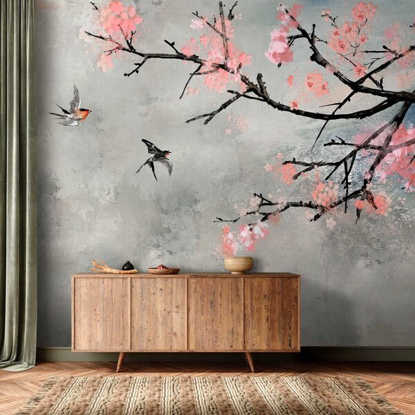Carta da parati Ramo di albero con fiori rosa e uccelli in volo, Carta da parati design, Carta da parati popolare, u21853 - Tapeko.it