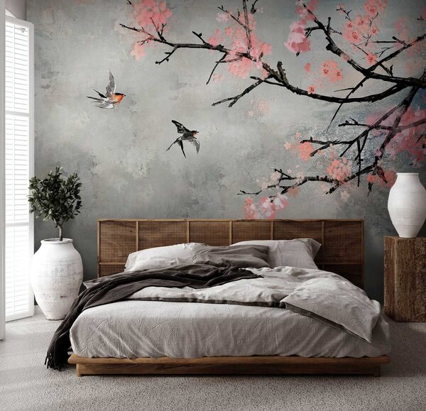 Carta da parati Ramo di albero con fiori rosa e uccelli in volo, Carta da parati design, Carta da parati popolare, u21853 - Tapeko.it