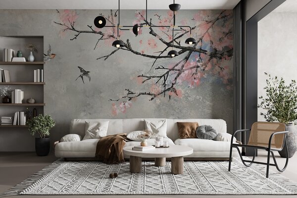 Carta da parati Ramo di albero con fiori rosa e uccelli in volo, Carta da parati design, Carta da parati popolare, u21853 - Tapeko.it