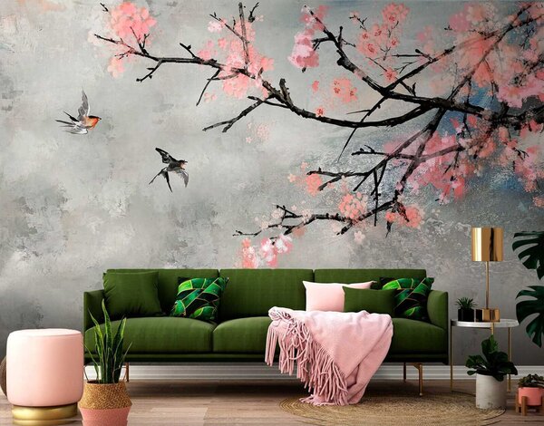 Carta da parati Ramo di albero con fiori rosa e uccelli in volo, Carta da parati design, Carta da parati popolare, u21853 - Tapeko.it