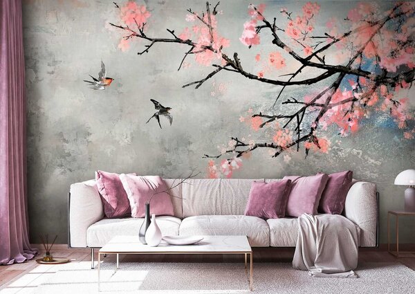 Carta da parati Ramo di albero con fiori rosa e uccelli in volo, Carta da parati design, Carta da parati popolare, u21853 - Tapeko.it