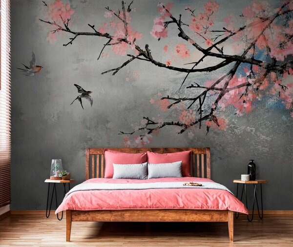 Carta da parati Ramo di albero con fiori rosa e uccelli in volo, Carta da parati design, Carta da parati popolare, u21853 - Tapeko.it