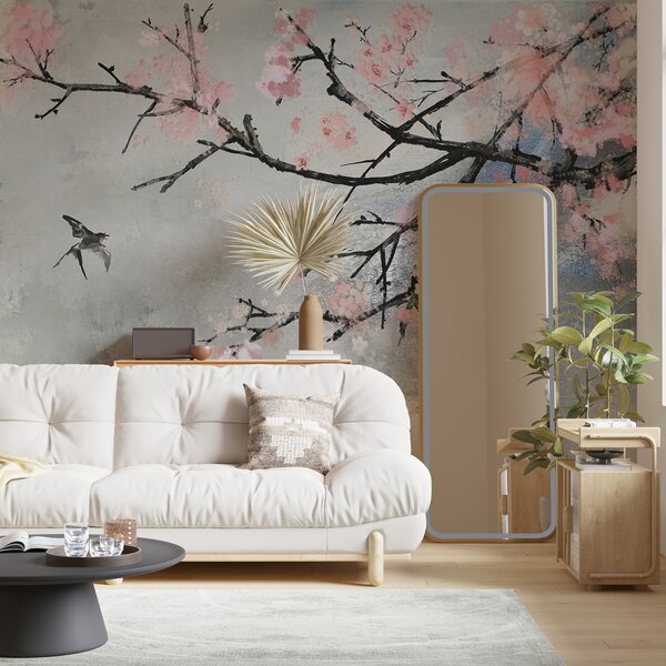 Carta da parati Ramo di albero con fiori rosa e uccelli in volo, Carta da parati design, Carta da parati popolare, u21853 - Tapeko.it