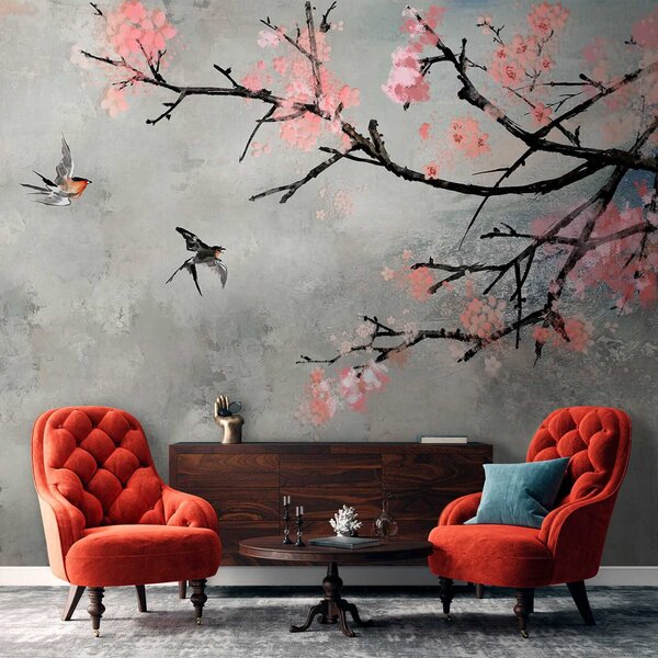 Carta da parati Ramo di albero con fiori rosa e uccelli in volo, Carta da parati design, Carta da parati popolare, u21853 - Tapeko.it