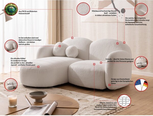 Divano angolare color crema (con penisola a sinistra/con chaise lounge) con rivestimento in bouclé Orbit – Ropez