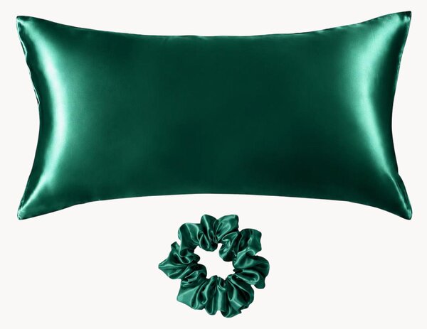 Set federa e scrunchie in raso di seta di gelso Emerald Green, set da 2
