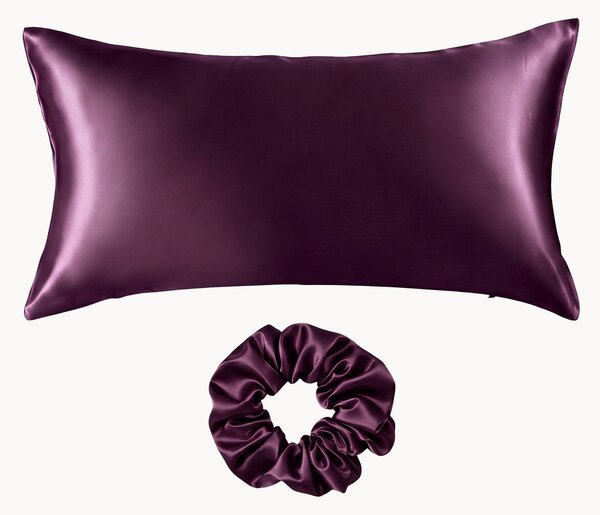 Set federa e scrunchie in raso di seta di gelso Aubergine, set da 2