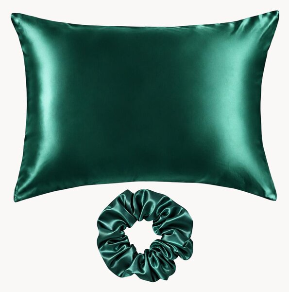 Set federa e scrunchie in raso di seta di gelso Emerald Green, set da 2