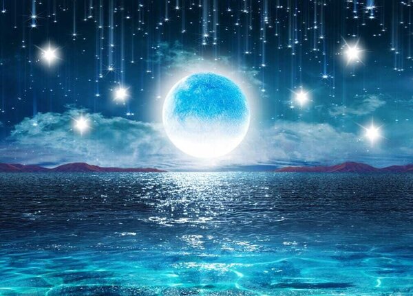 Carta da parati Luna sull'acqua con stelle e nuvole, Carta da parati design, Carta da parati popolare, u23205 - Tapeko.it