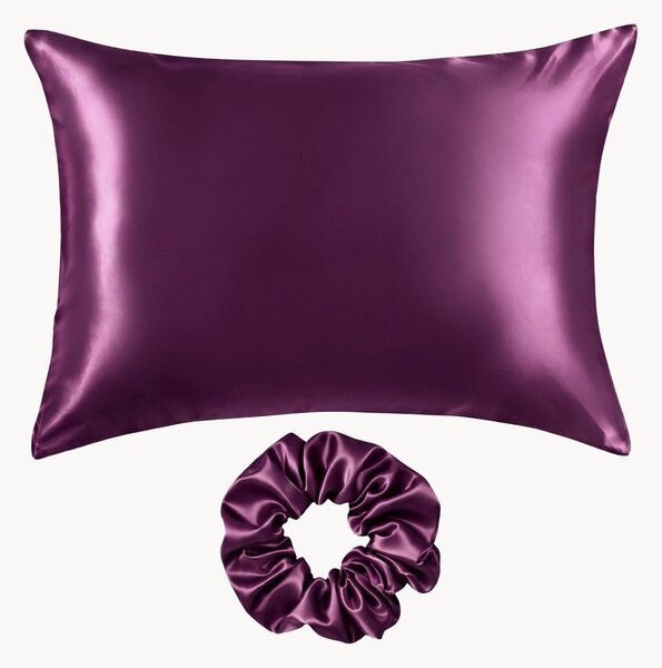 Set federa e scrunchie in raso di seta di gelso Aubergine, set da 2