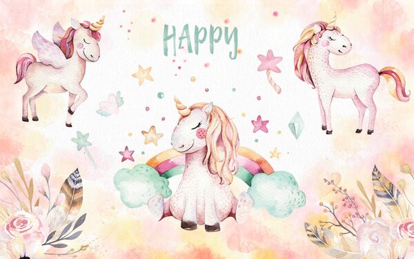 Carta da parati Gruppo di unicorni e arcobaleni, Carta da parati per Bambini, Carta da parati popolare, u23772 - Tapeko.it