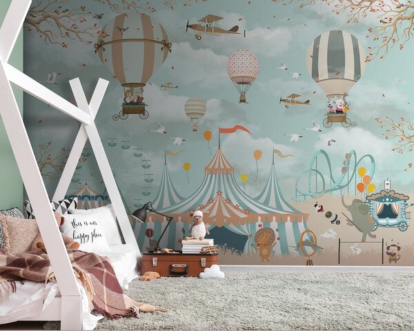 Carta da parati Tenda da circo con mongolfiere e uccelli, Carta da parati per Bambini, Carta da parati popolare, u24516 - Tapeko.it