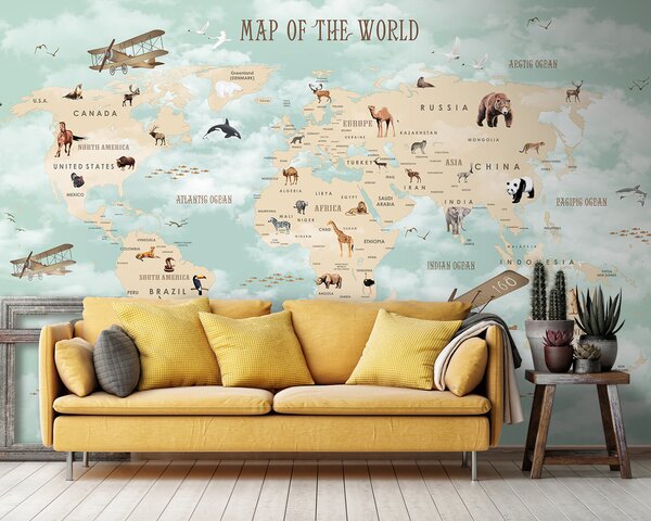Carta da parati Mappa del mondo con animali, Carta da parati per Bambini, Carta da parati popolare, u25042 - Tapeko.it