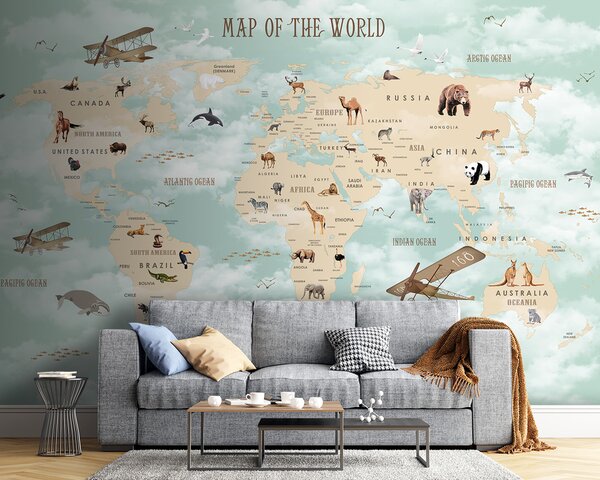 Carta da parati Mappa del mondo con animali, Carta da parati per Bambini, Carta da parati popolare, u25042 - Tapeko.it