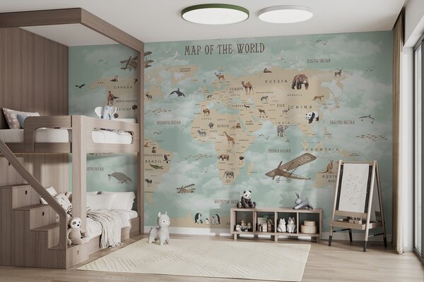 Carta da parati Mappa del mondo con animali, Carta da parati per Bambini, Carta da parati popolare, u25042 - Tapeko.it