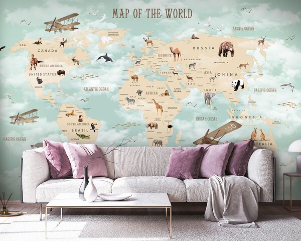 Carta da parati Mappa del mondo con animali, Carta da parati per Bambini, Carta da parati popolare, u25042 - Tapeko.it