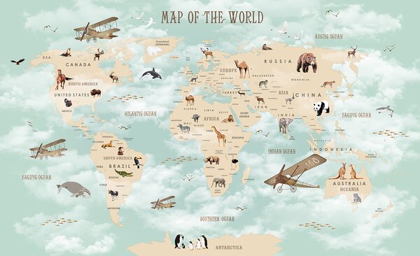 Carta da parati Mappa del mondo con animali, Carta da parati per Bambini, Carta da parati popolare, u25042 - Tapeko.it