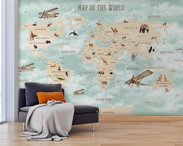 Carta da parati Mappa del mondo con animali, Carta da parati per Bambini, Carta da parati popolare, u25042 - Tapeko.it