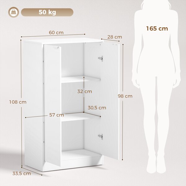 HOMCOM Mobiletto Ufficio con 3 Ripiani e Ante, 60x33.5x108 cm, Bianco | Aosom Italy