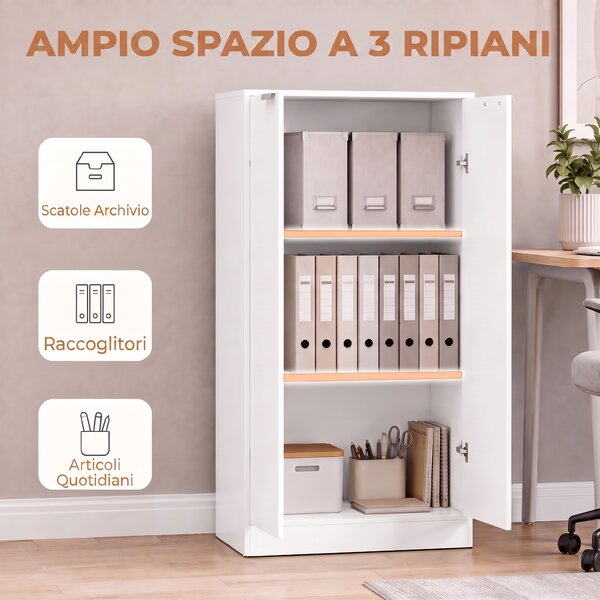 HOMCOM Mobiletto Ufficio con 3 Ripiani e Ante, 60x33.5x108 cm, Bianco | Aosom Italy