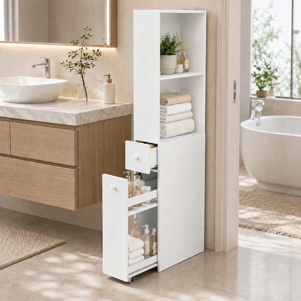 HOMCOM Mobiletto da Bagno Slim Salvaspazio con Ruote e Cassetto, Bianco | Aosom Italy