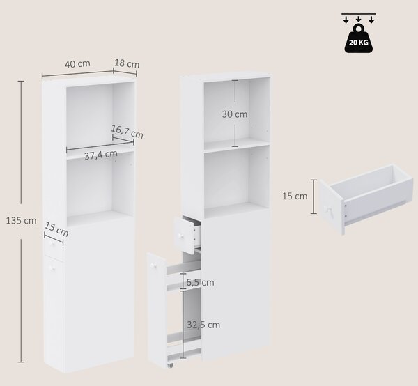HOMCOM Mobiletto da Bagno Slim Salvaspazio con Ruote e Cassetto, Bianco | Aosom Italy